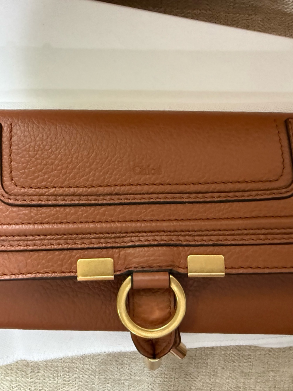 Chloé Marcie Long Flap Wallet Tan Leather Gold Hardware Continental Wallet
